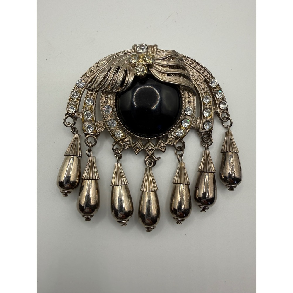Vintage Silver Tone Black Cabochon Rhinestone Dangle Statement Brooch Pin